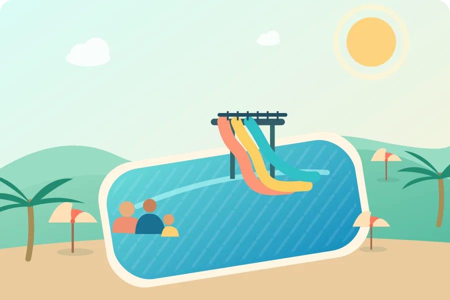 Ilustraci&oacute;n panor&aacute;mica de piscinas, toboganes y &aacute;reas verdes de Parque Oasis